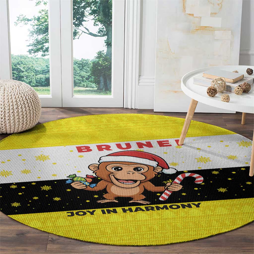 Brunei Christmas Round Carpet with Cartoon Monkey Santa Hat Candy Cane and Yellow Black Flag Pattern - Wonder Print Shop