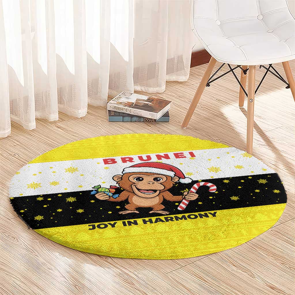 Brunei Christmas Round Carpet with Cartoon Monkey Santa Hat Candy Cane and Yellow Black Flag Pattern - Wonder Print Shop