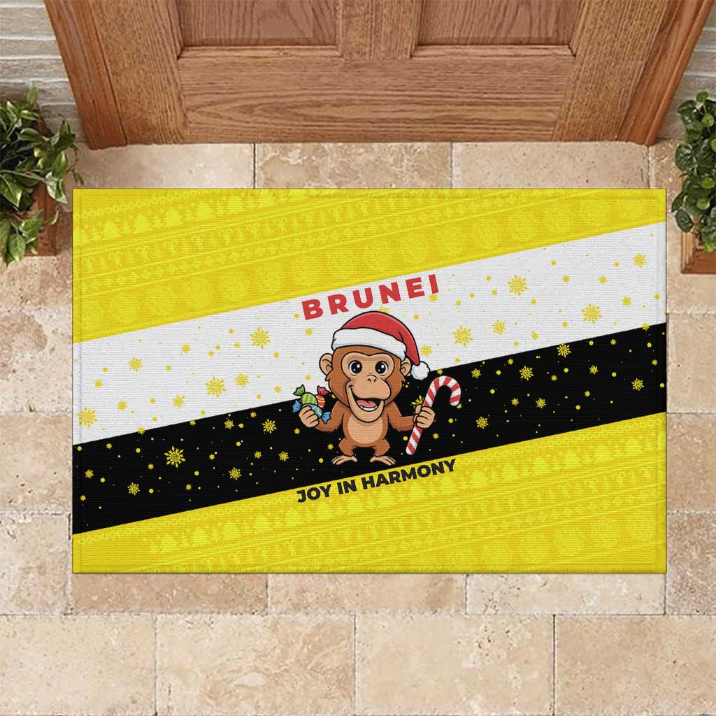 Brunei Christmas Rubber Doormat with Cartoon Monkey Santa Hat Candy Cane and Yellow Black Flag Pattern - Wonder Print Shop