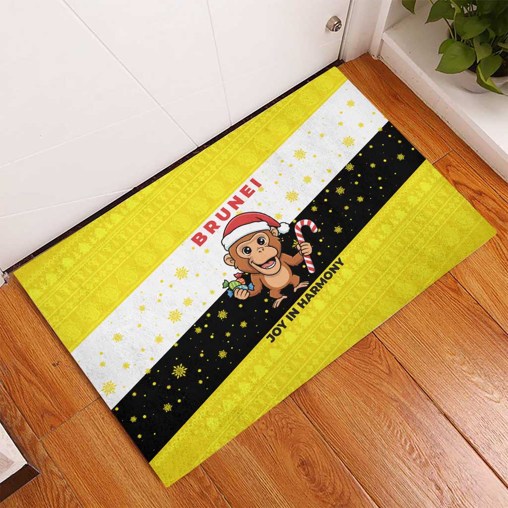Brunei Christmas Rubber Doormat with Cartoon Monkey Santa Hat Candy Cane and Yellow Black Flag Pattern - Wonder Print Shop