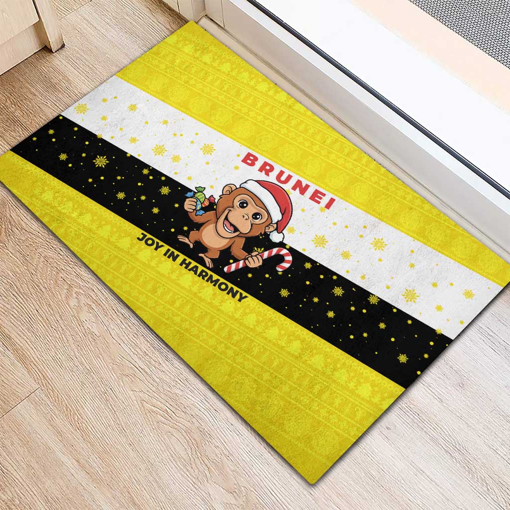 Brunei Christmas Rubber Doormat with Cartoon Monkey Santa Hat Candy Cane and Yellow Black Flag Pattern - Wonder Print Shop