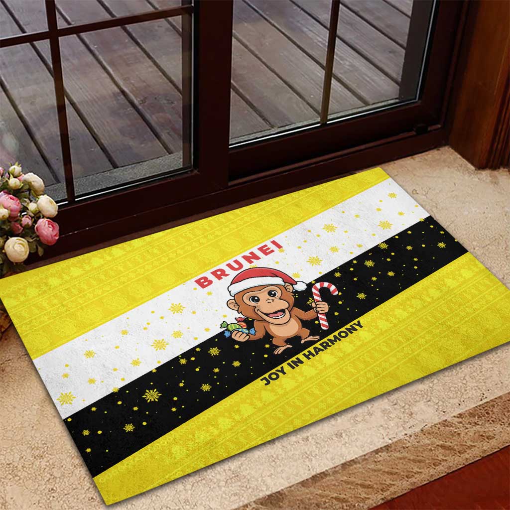 Brunei Christmas Rubber Doormat with Cartoon Monkey Santa Hat Candy Cane and Yellow Black Flag Pattern - Wonder Print Shop