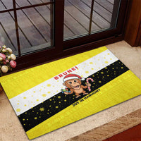 Brunei Christmas Rubber Doormat with Cartoon Monkey Santa Hat Candy Cane and Yellow Black Flag Pattern - Wonder Print Shop