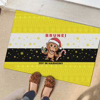 Brunei Christmas Rubber Doormat with Cartoon Monkey Santa Hat Candy Cane and Yellow Black Flag Pattern - Wonder Print Shop