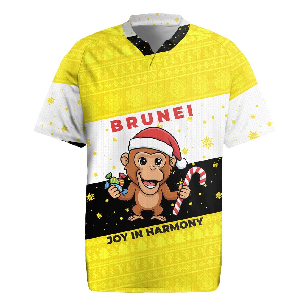 Brunei Christmas Rugby Jersey with Cartoon Monkey Santa Hat Candy Cane and Yellow Black Flag Pattern - Wonder Print Shop
