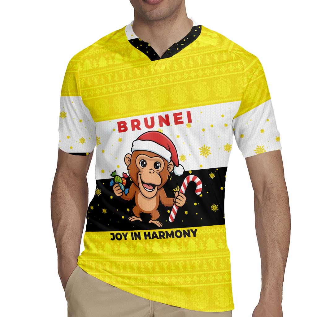 Brunei Christmas Rugby Jersey with Cartoon Monkey Santa Hat Candy Cane and Yellow Black Flag Pattern - Wonder Print Shop