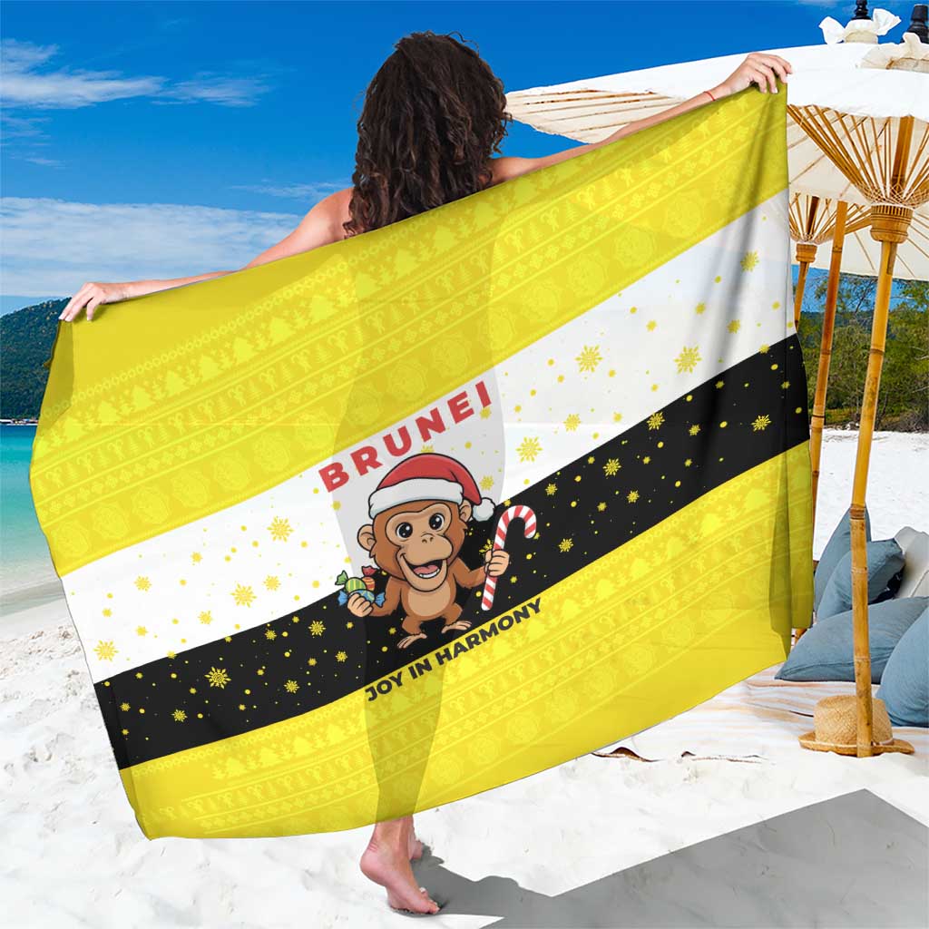 Brunei Christmas Sarong with Cartoon Monkey Santa Hat Candy Cane and Yellow Black Flag Pattern - Wonder Print Shop
