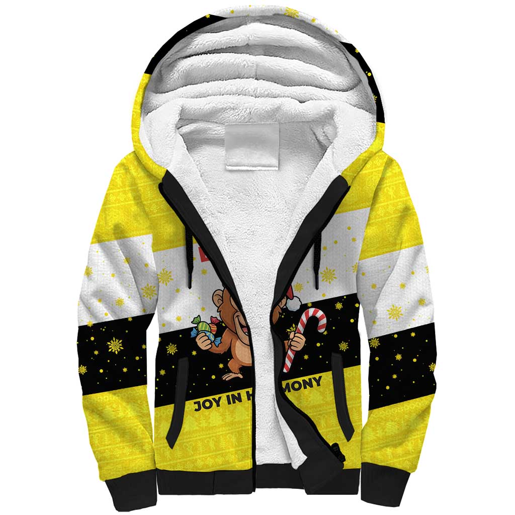 Brunei Christmas Sherpa Hoodie with Cartoon Monkey Santa Hat Candy Cane and Yellow Black Flag Pattern - Wonder Print Shop