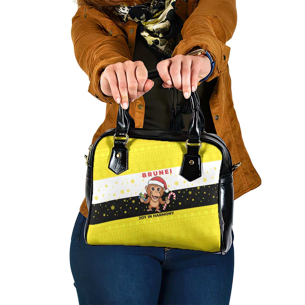 Brunei Christmas Shoulder Handbag with Cartoon Monkey Santa Hat Candy Cane and Yellow Black Flag Pattern - Wonder Print Shop