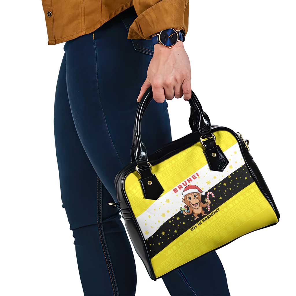 Brunei Christmas Shoulder Handbag with Cartoon Monkey Santa Hat Candy Cane and Yellow Black Flag Pattern - Wonder Print Shop