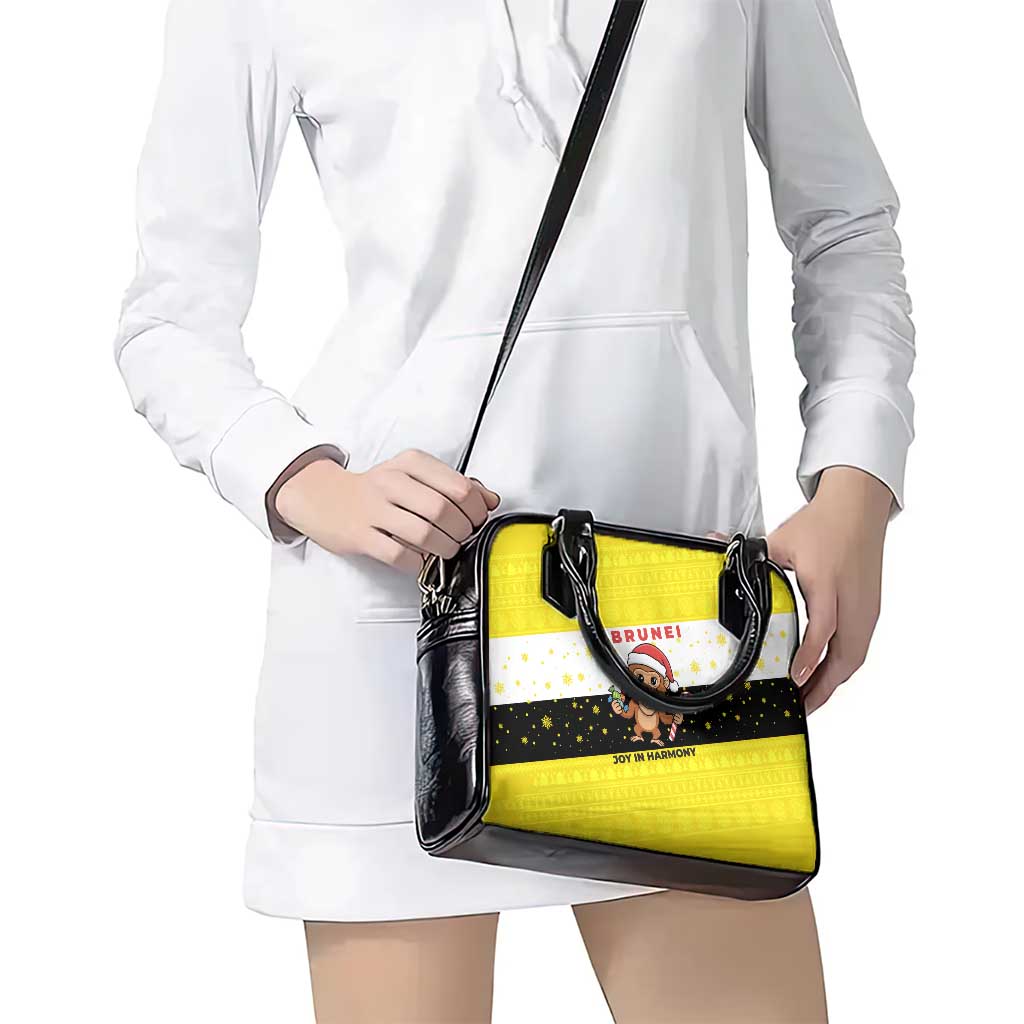 Brunei Christmas Shoulder Handbag with Cartoon Monkey Santa Hat Candy Cane and Yellow Black Flag Pattern - Wonder Print Shop