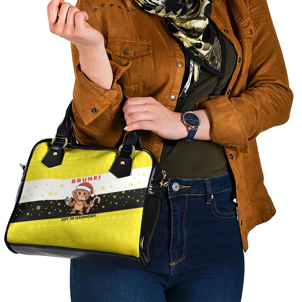 Brunei Christmas Shoulder Handbag with Cartoon Monkey Santa Hat Candy Cane and Yellow Black Flag Pattern - Wonder Print Shop