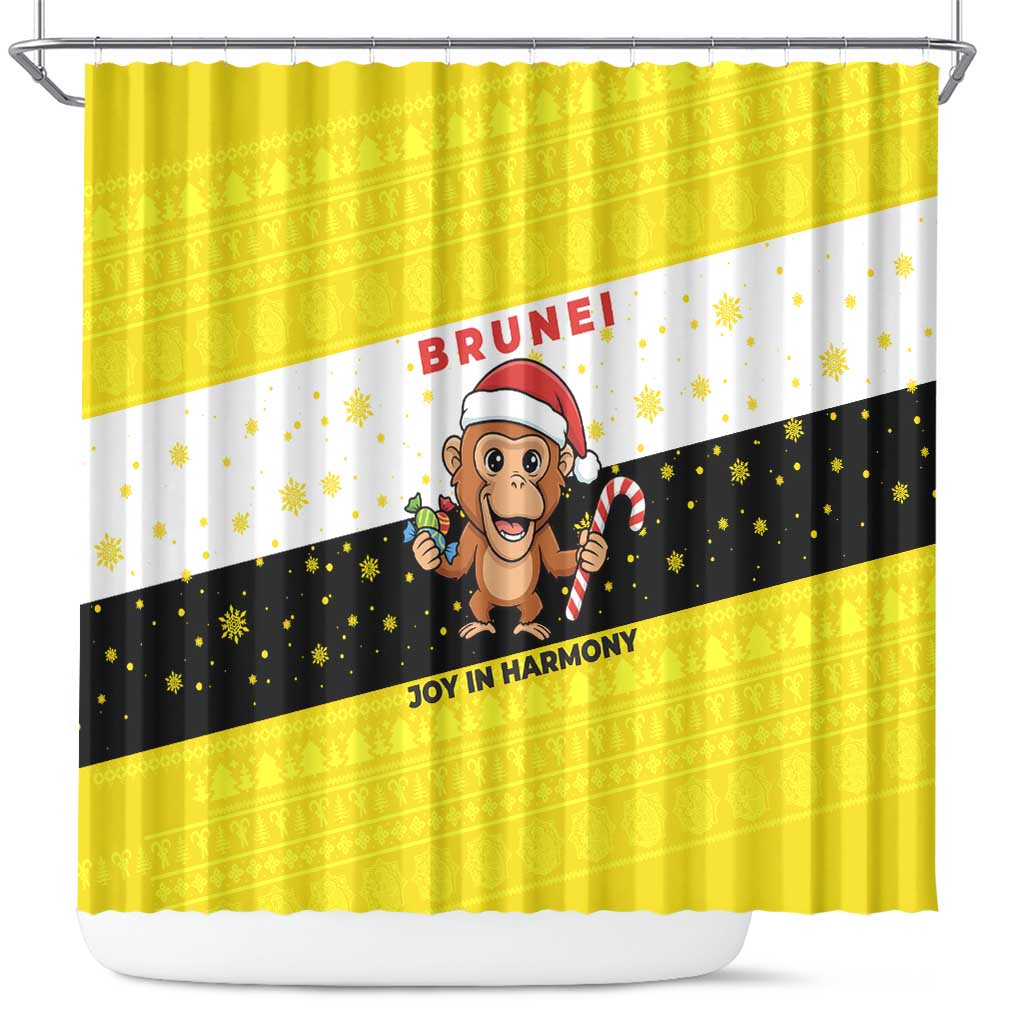 Brunei Christmas Shower Curtain with Cartoon Monkey Santa Hat Candy Cane and Yellow Black Flag Pattern - Wonder Print Shop