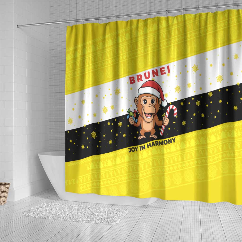 Brunei Christmas Shower Curtain with Cartoon Monkey Santa Hat Candy Cane and Yellow Black Flag Pattern - Wonder Print Shop