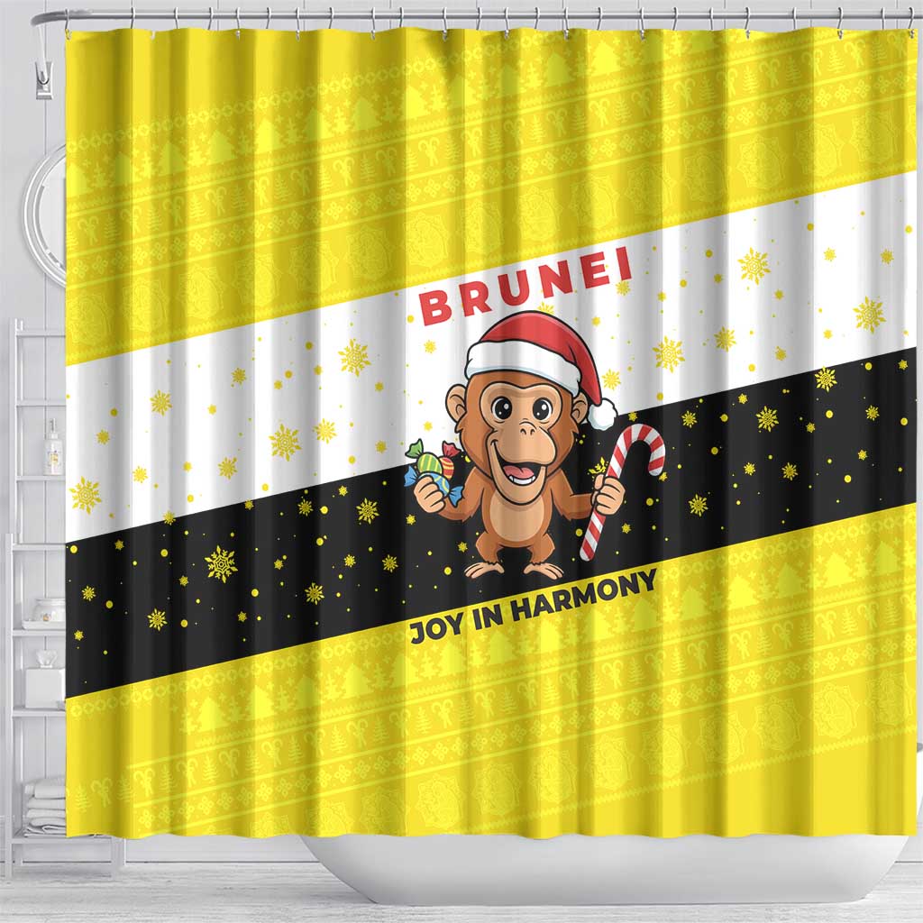 Brunei Christmas Shower Curtain with Cartoon Monkey Santa Hat Candy Cane and Yellow Black Flag Pattern - Wonder Print Shop