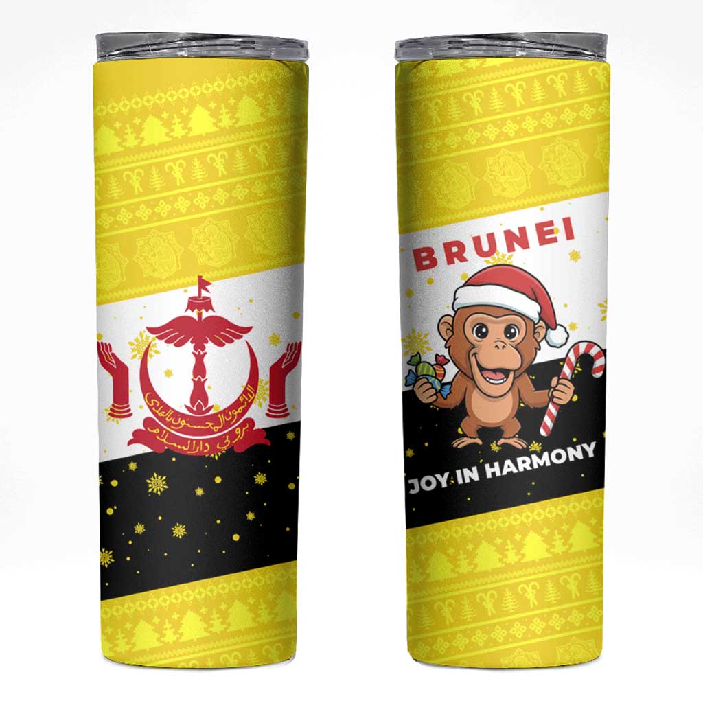 Brunei Christmas Skinny Tumbler with Cartoon Monkey Santa Hat Candy Cane and Yellow Black Flag Pattern - Wonder Print Shop