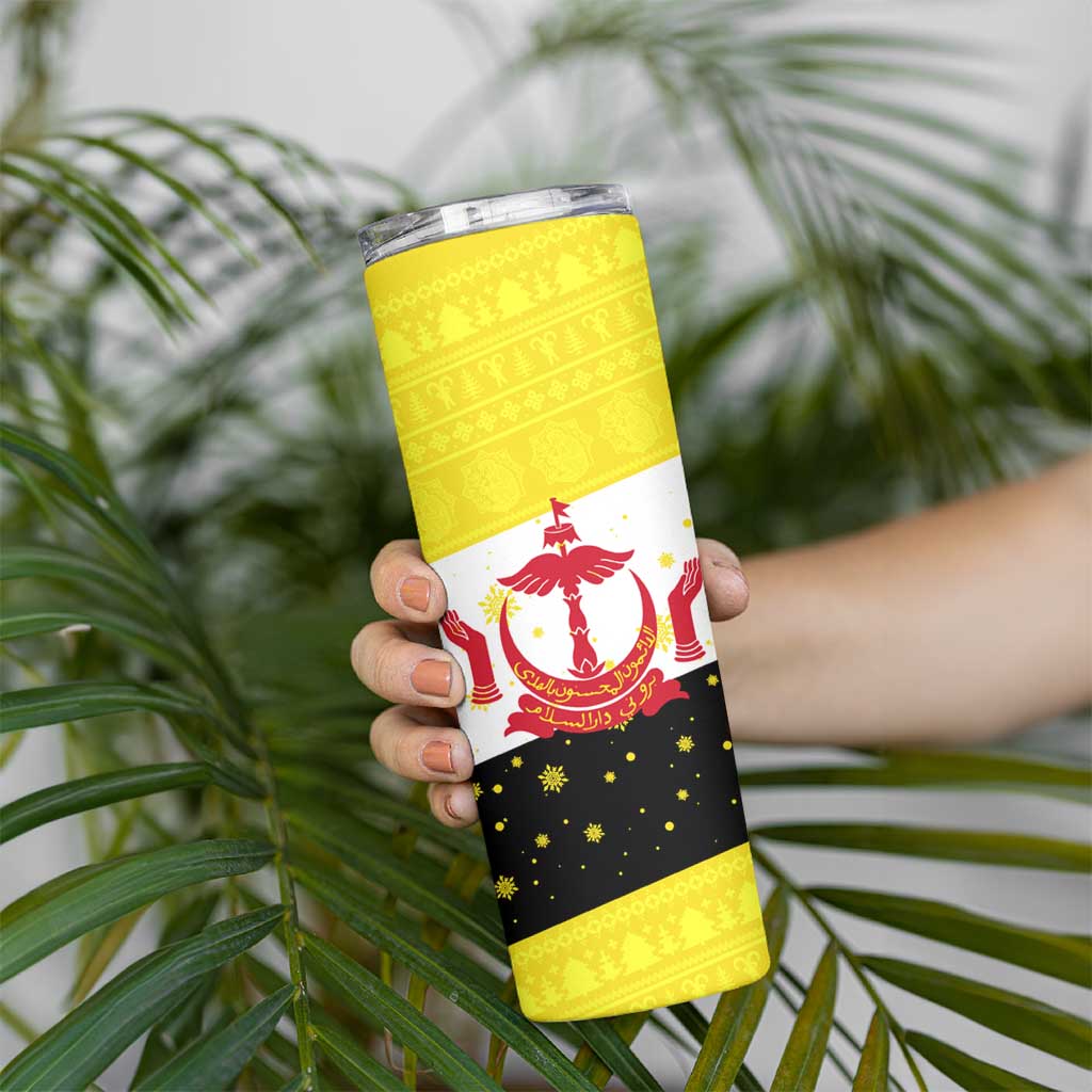 Brunei Christmas Skinny Tumbler with Cartoon Monkey Santa Hat Candy Cane and Yellow Black Flag Pattern - Wonder Print Shop