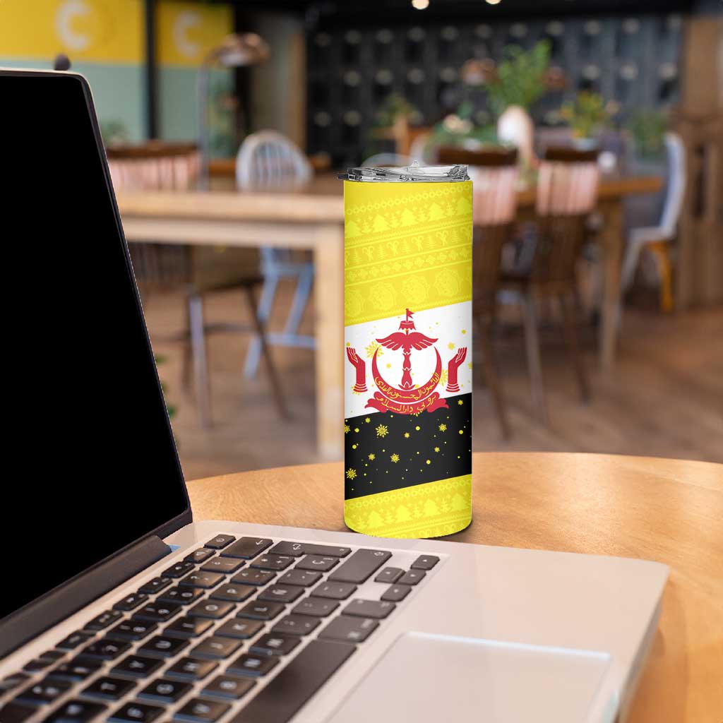 Brunei Christmas Skinny Tumbler with Cartoon Monkey Santa Hat Candy Cane and Yellow Black Flag Pattern - Wonder Print Shop