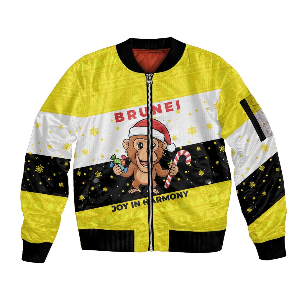 Brunei Christmas Sleeve Zip Bomber Jacket with Cartoon Monkey Santa Hat Candy Cane and Yellow Black Flag Pattern - Wonder Print Shop