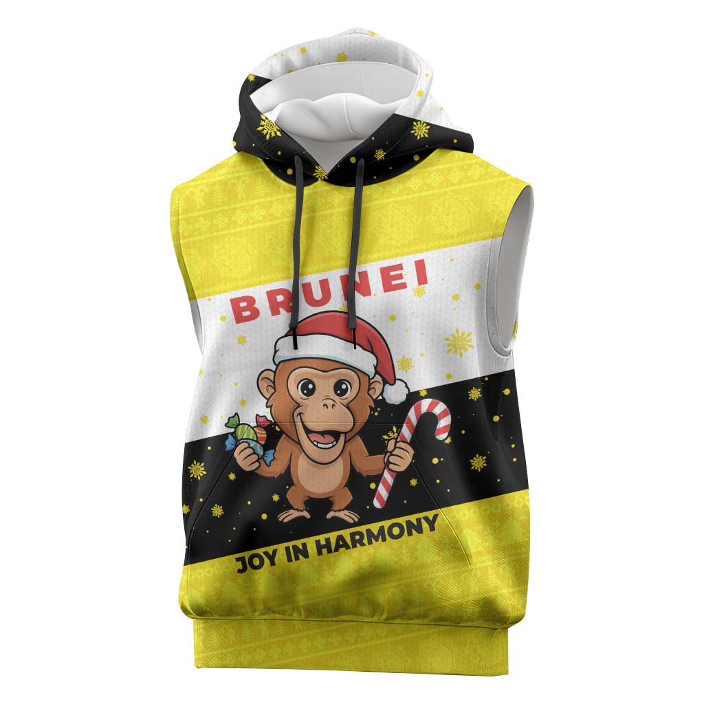 Brunei Christmas Sleeveless Hoodie with Cartoon Monkey Santa Hat Candy Cane and Yellow Black Flag Pattern - Wonder Print Shop