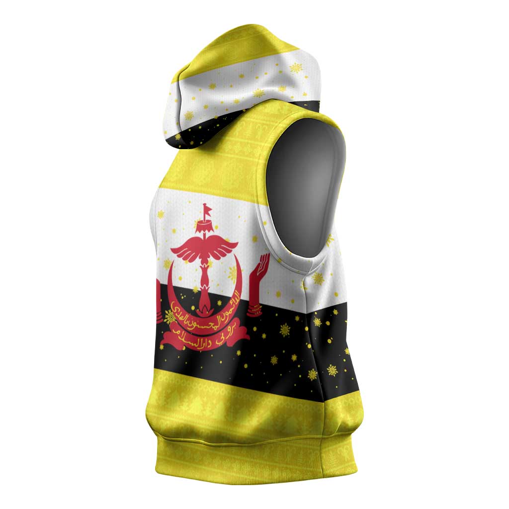 Brunei Christmas Sleeveless Hoodie with Cartoon Monkey Santa Hat Candy Cane and Yellow Black Flag Pattern - Wonder Print Shop