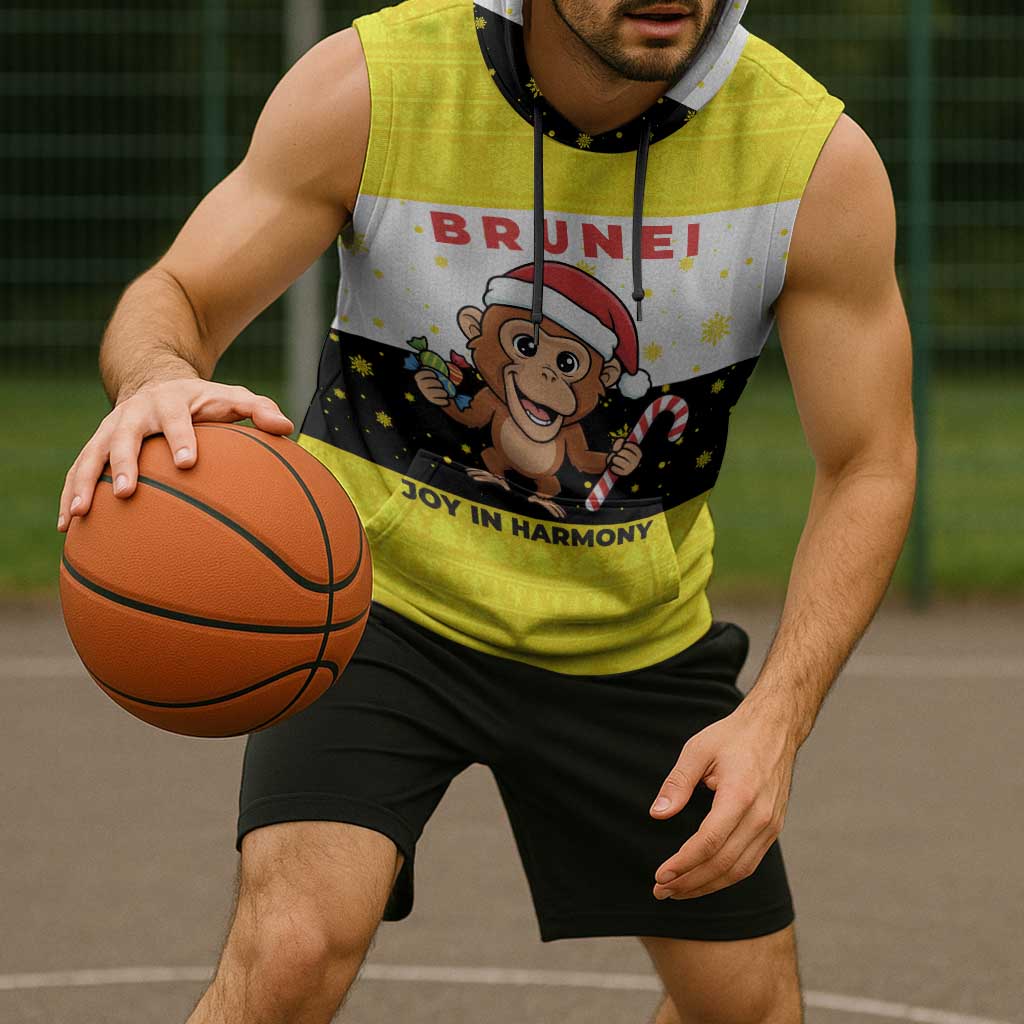 Brunei Christmas Sleeveless Hoodie with Cartoon Monkey Santa Hat Candy Cane and Yellow Black Flag Pattern - Wonder Print Shop