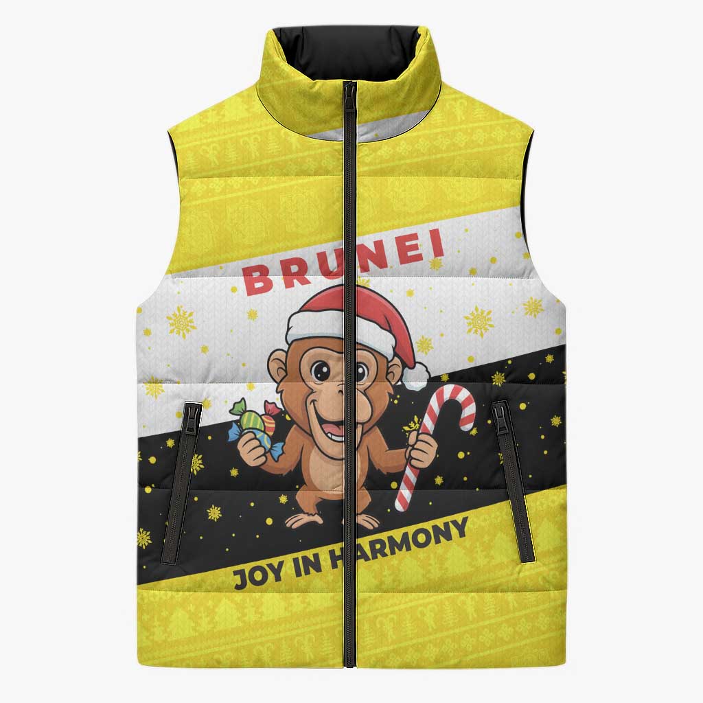 Brunei Christmas Sleeveless Puffer Jacket with Cartoon Monkey Santa Hat Candy Cane and Yellow Black Flag Pattern - Wonder Print Shop