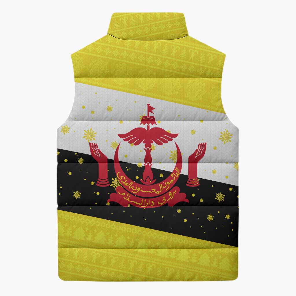 Brunei Christmas Sleeveless Puffer Jacket with Cartoon Monkey Santa Hat Candy Cane and Yellow Black Flag Pattern - Wonder Print Shop