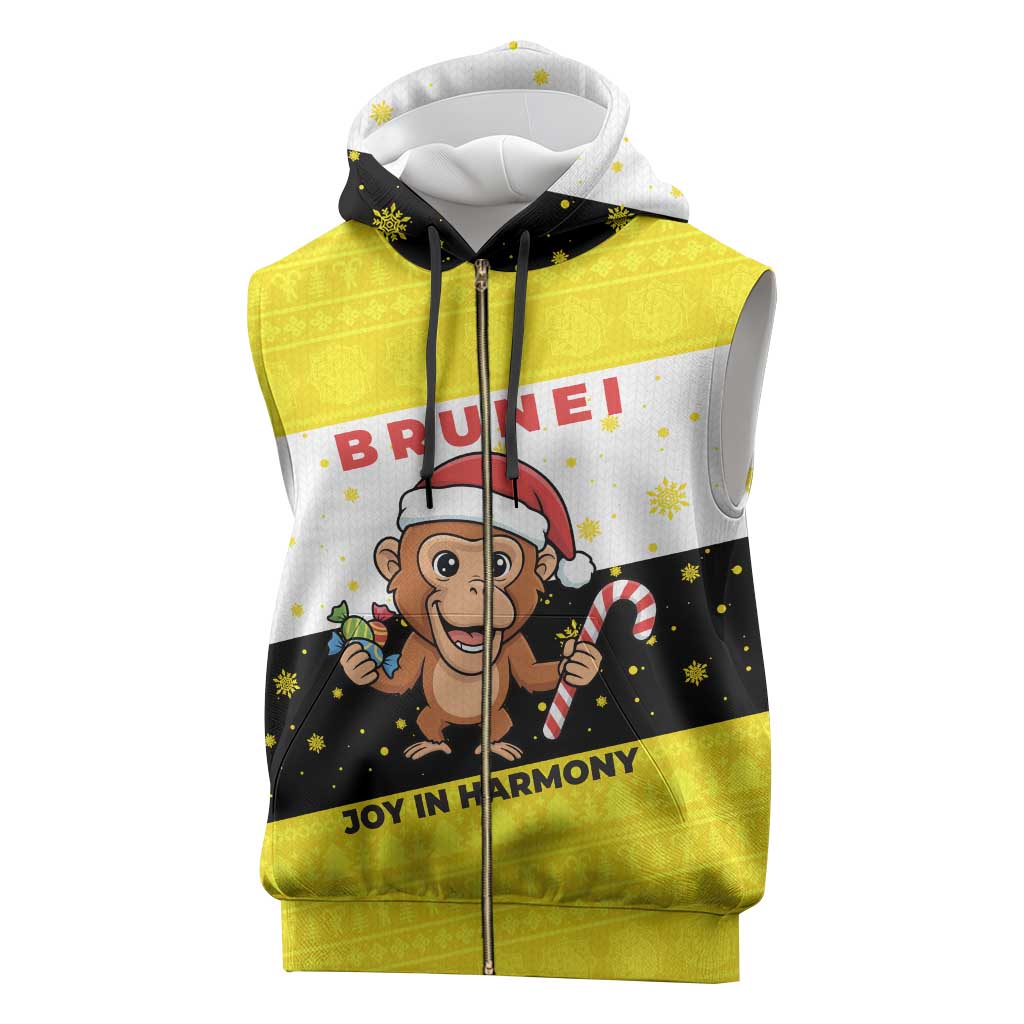 Brunei Christmas Sleeveless Zip Hoodie with Cartoon Monkey Santa Hat Candy Cane and Yellow Black Flag Pattern - Wonder Print Shop