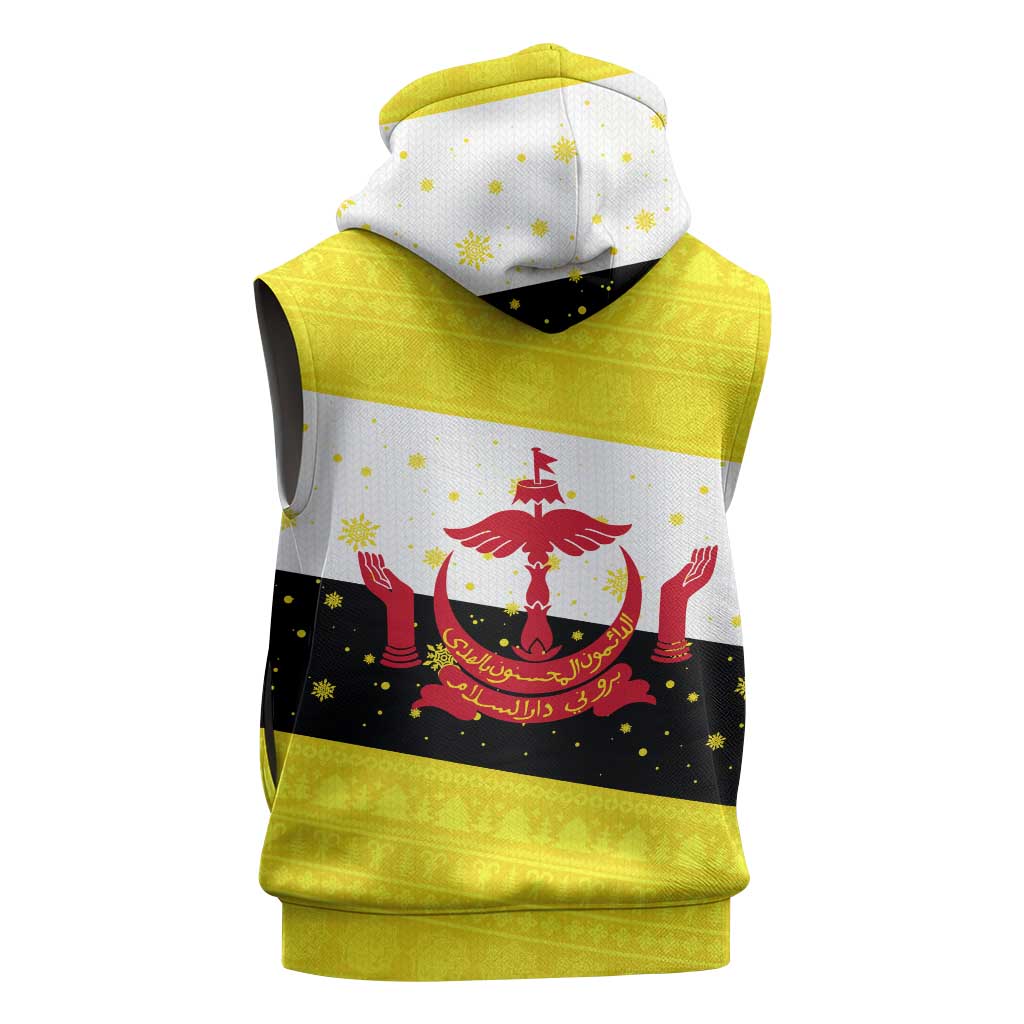 Brunei Christmas Sleeveless Zip Hoodie with Cartoon Monkey Santa Hat Candy Cane and Yellow Black Flag Pattern - Wonder Print Shop