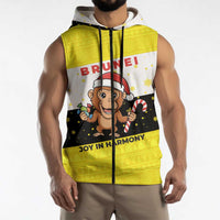 Brunei Christmas Sleeveless Zip Hoodie with Cartoon Monkey Santa Hat Candy Cane and Yellow Black Flag Pattern - Wonder Print Shop