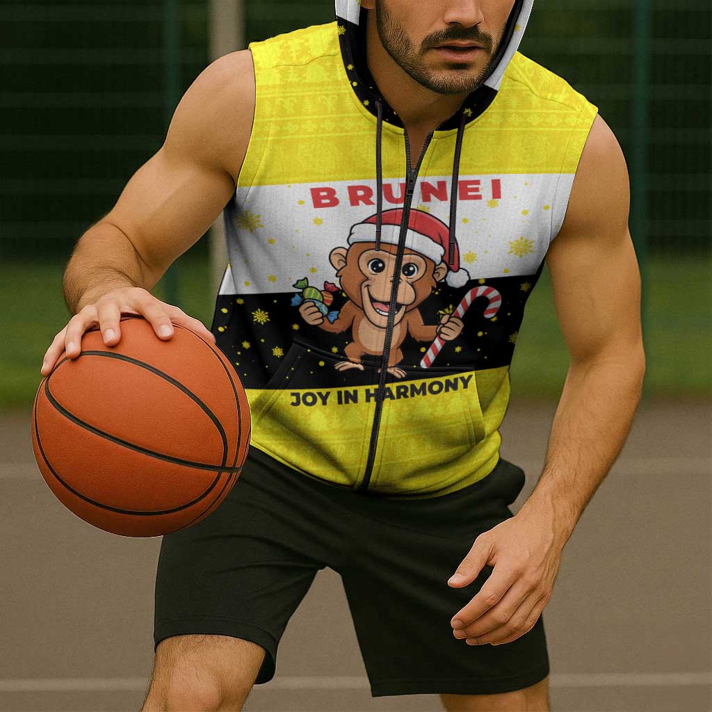 Brunei Christmas Sleeveless Zip Hoodie with Cartoon Monkey Santa Hat Candy Cane and Yellow Black Flag Pattern - Wonder Print Shop