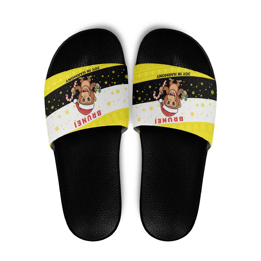 Brunei Christmas Slide Sandals with Cartoon Monkey Santa Hat Candy Cane and Yellow Black Flag Pattern - Wonder Print Shop