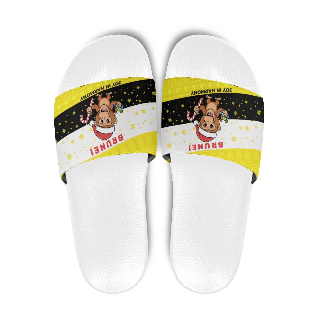 Brunei Christmas Slide Sandals with Cartoon Monkey Santa Hat Candy Cane and Yellow Black Flag Pattern - Wonder Print Shop