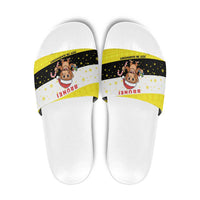 Brunei Christmas Slide Sandals with Cartoon Monkey Santa Hat Candy Cane and Yellow Black Flag Pattern - Wonder Print Shop