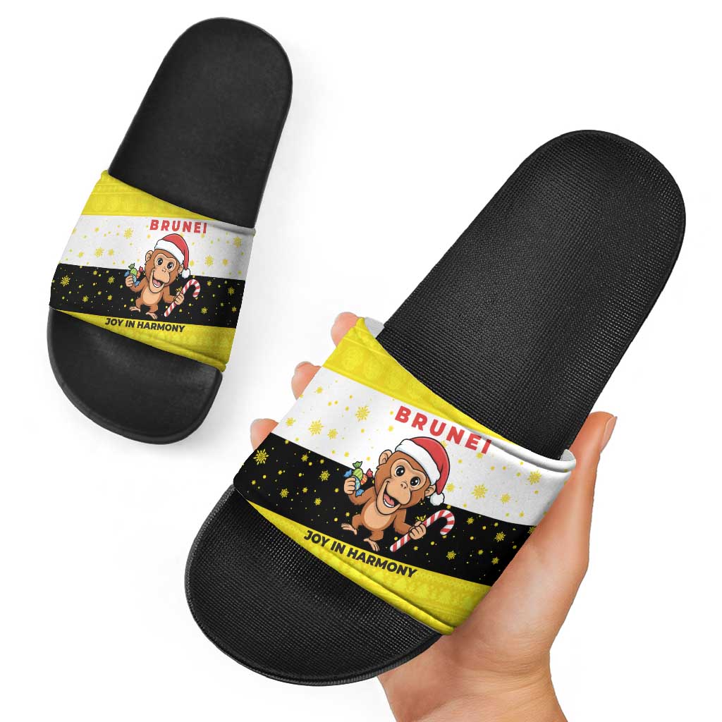 Brunei Christmas Slide Sandals with Cartoon Monkey Santa Hat Candy Cane and Yellow Black Flag Pattern - Wonder Print Shop