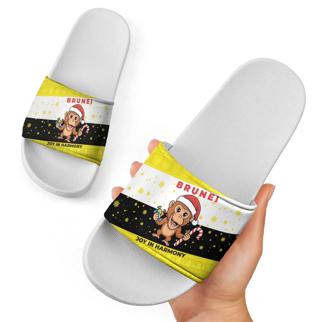 Brunei Christmas Slide Sandals with Cartoon Monkey Santa Hat Candy Cane and Yellow Black Flag Pattern - Wonder Print Shop
