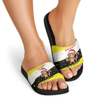 Brunei Christmas Slide Sandals with Cartoon Monkey Santa Hat Candy Cane and Yellow Black Flag Pattern - Wonder Print Shop