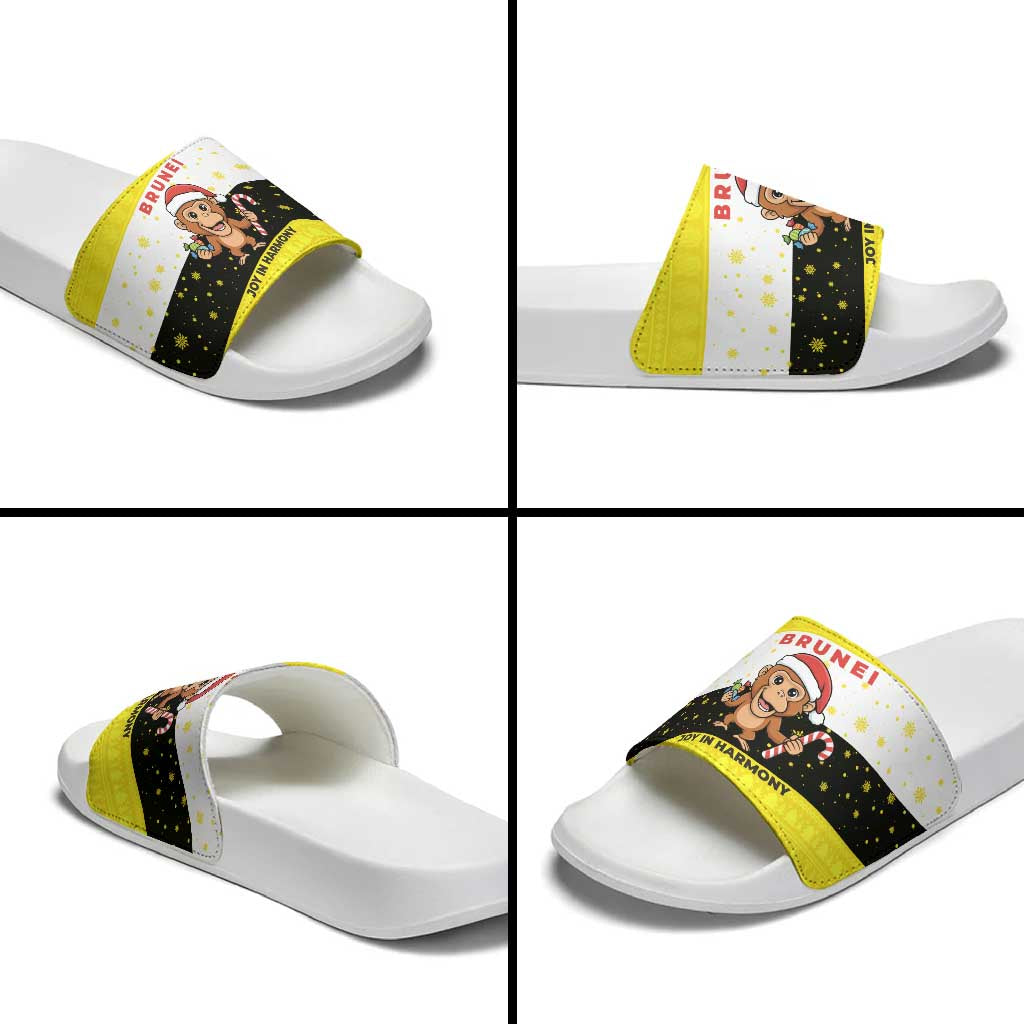 Brunei Christmas Slide Sandals with Cartoon Monkey Santa Hat Candy Cane and Yellow Black Flag Pattern - Wonder Print Shop