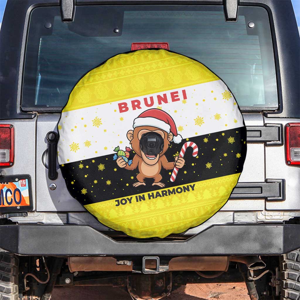 Brunei Christmas Spare Tire Cover with Cartoon Monkey Santa Hat Candy Cane and Yellow Black Flag Pattern - Wonder Print Shop