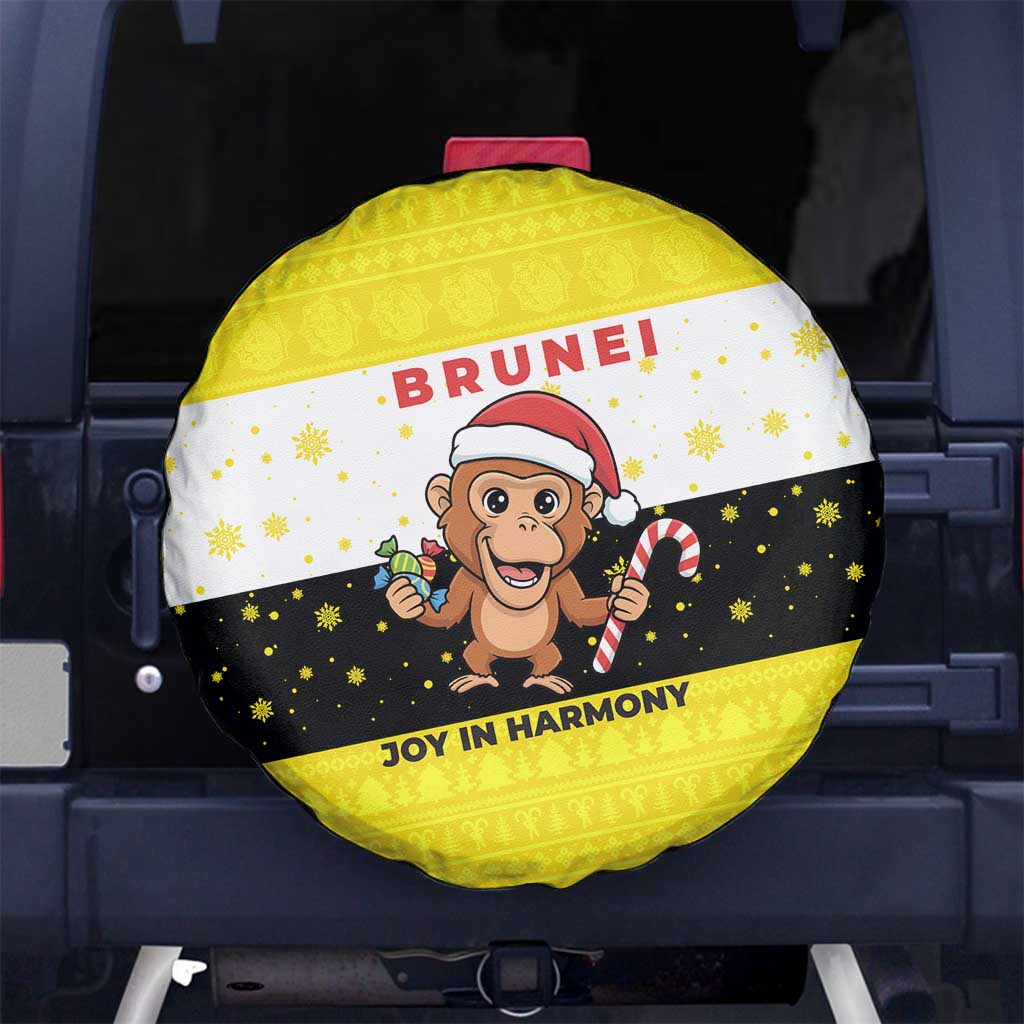 Brunei Christmas Spare Tire Cover with Cartoon Monkey Santa Hat Candy Cane and Yellow Black Flag Pattern - Wonder Print Shop