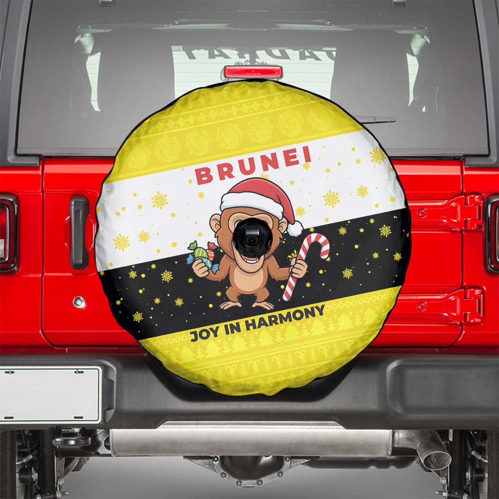 Brunei Christmas Spare Tire Cover with Cartoon Monkey Santa Hat Candy Cane and Yellow Black Flag Pattern - Wonder Print Shop