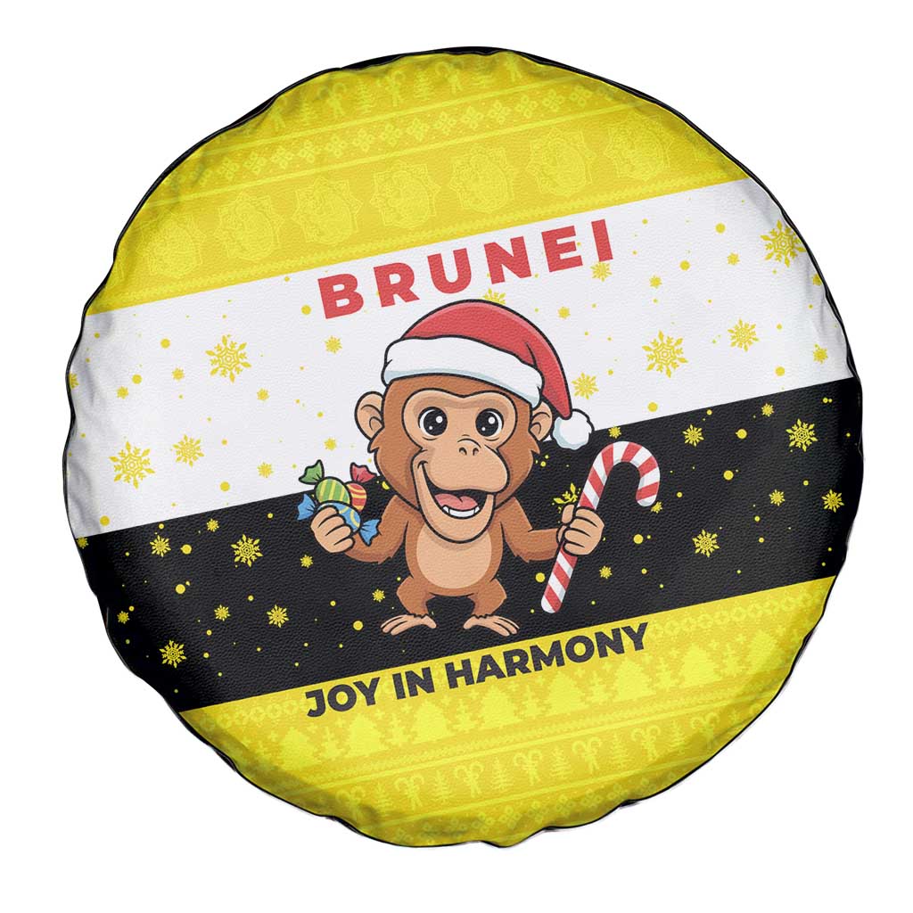 Brunei Christmas Spare Tire Cover with Cartoon Monkey Santa Hat Candy Cane and Yellow Black Flag Pattern - Wonder Print Shop
