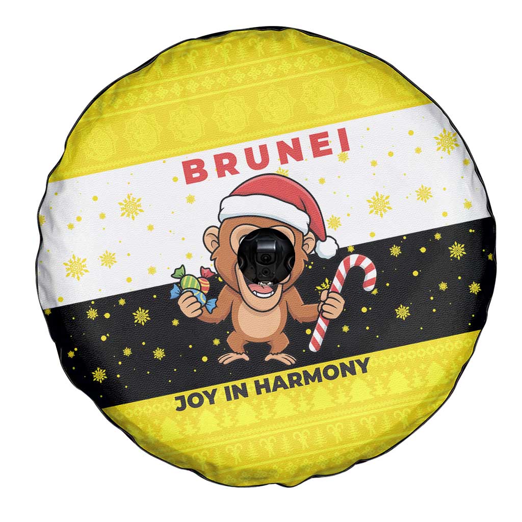 Brunei Christmas Spare Tire Cover with Cartoon Monkey Santa Hat Candy Cane and Yellow Black Flag Pattern - Wonder Print Shop