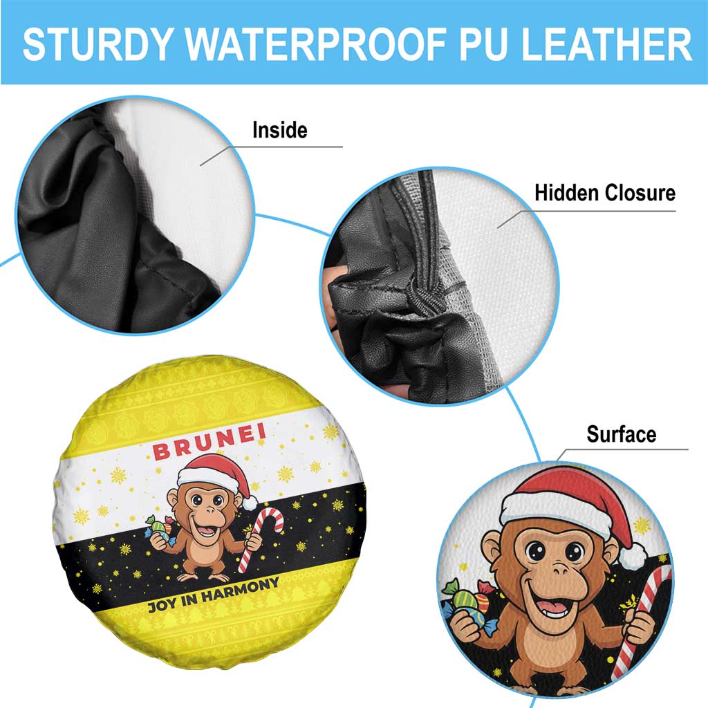 Brunei Christmas Spare Tire Cover with Cartoon Monkey Santa Hat Candy Cane and Yellow Black Flag Pattern - Wonder Print Shop