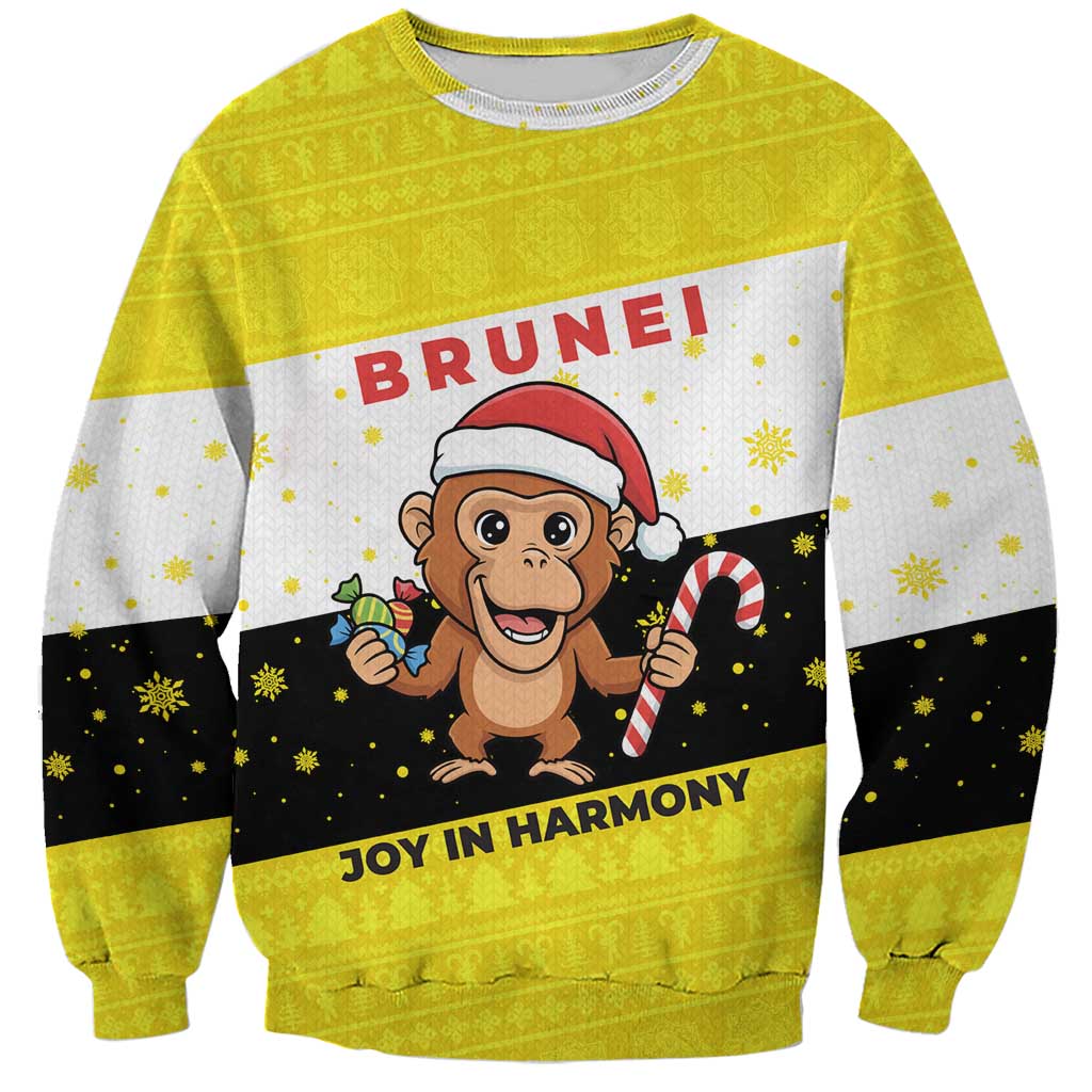 Brunei Christmas Sweatshirt with Cartoon Monkey Santa Hat Candy Cane and Yellow Black Flag Pattern - Wonder Print Shop
