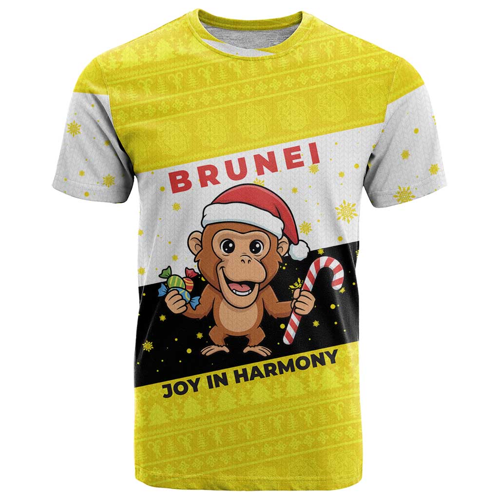Brunei Christmas T Shirt with Cartoon Monkey Santa Hat Candy Cane and Yellow Black Flag Pattern - Wonder Print Shop