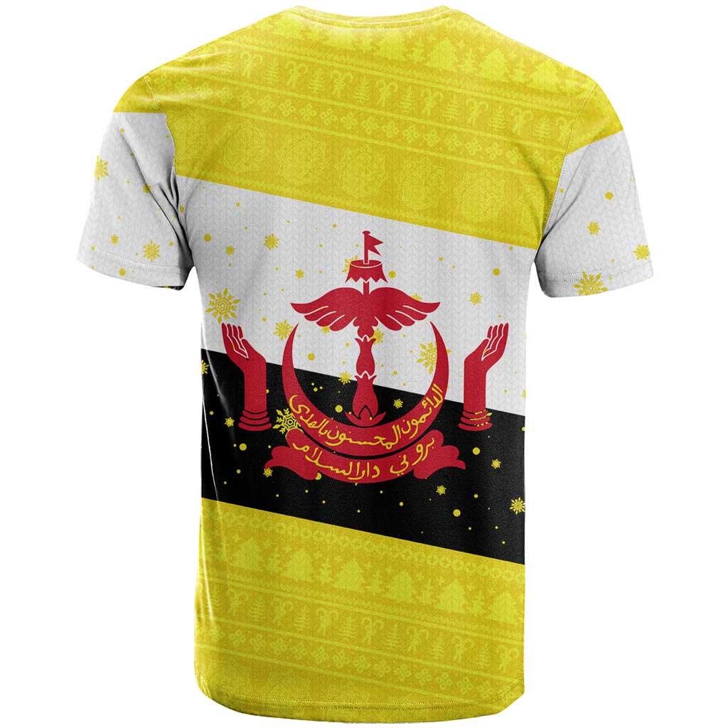 Brunei Christmas T Shirt with Cartoon Monkey Santa Hat Candy Cane and Yellow Black Flag Pattern - Wonder Print Shop