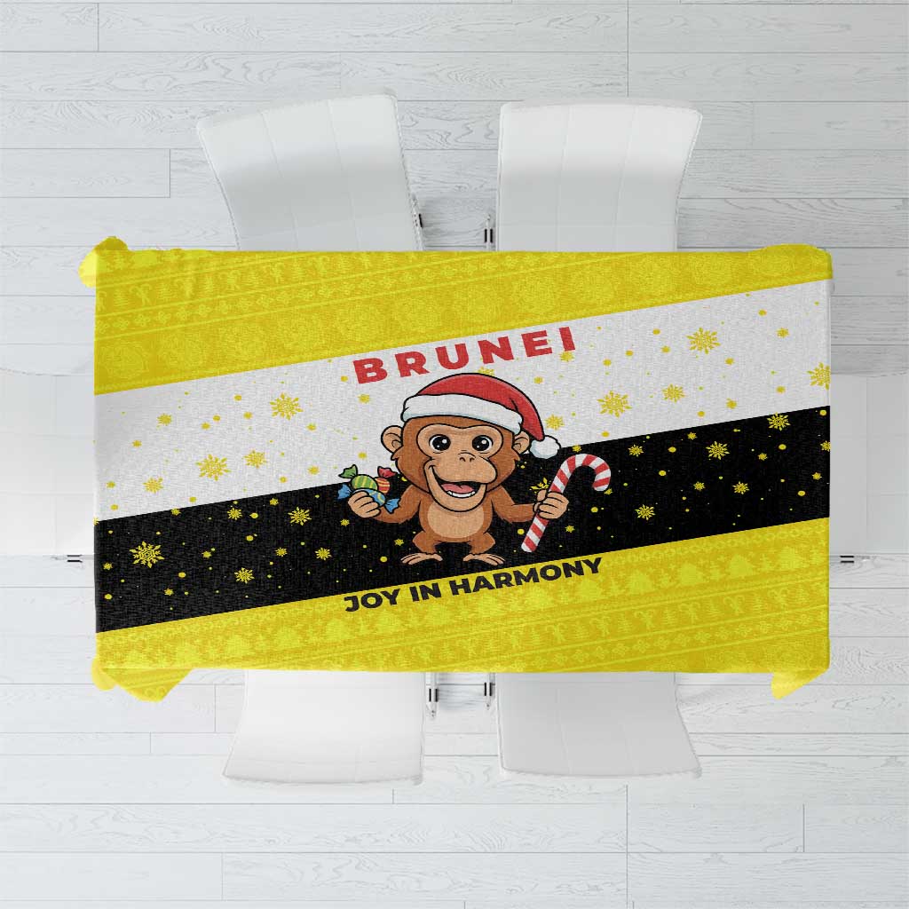 Brunei Christmas Tablecloth with Cartoon Monkey Santa Hat Candy Cane and Yellow Black Flag Pattern - Wonder Print Shop