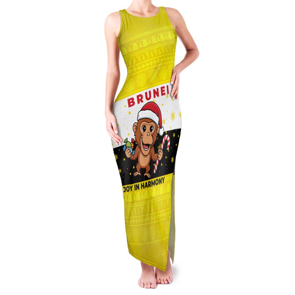 Brunei Christmas Tank Maxi Dress with Cartoon Monkey Santa Hat Candy Cane and Yellow Black Flag Pattern - Wonder Print Shop